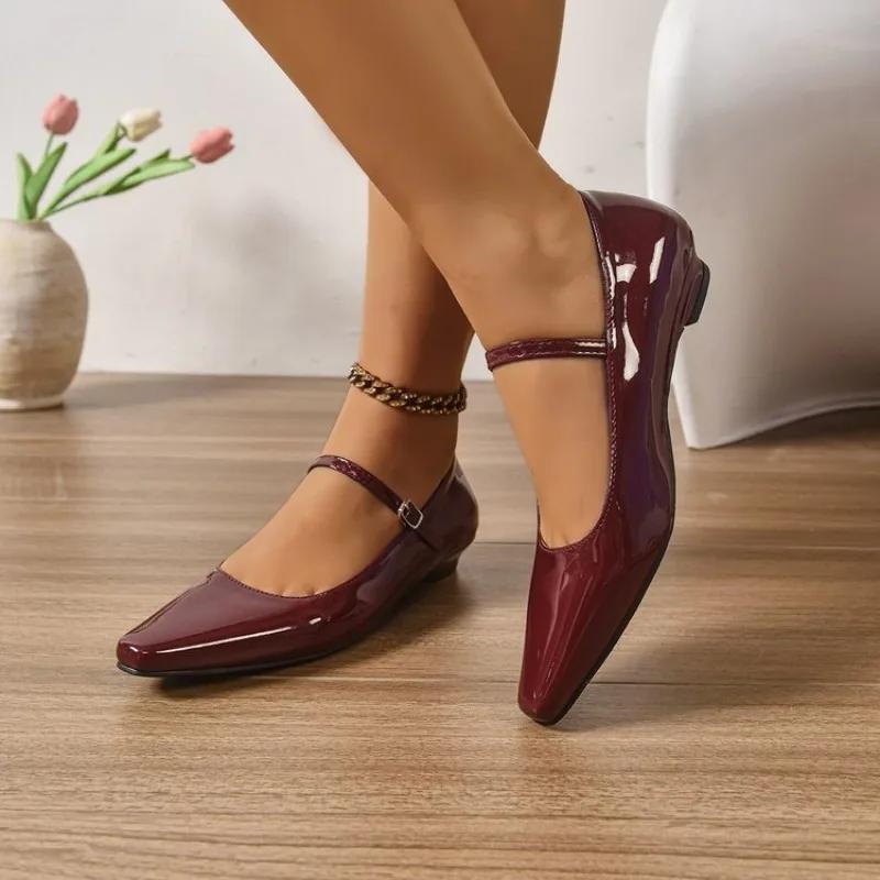 

Fashion 2025 Spring New Pointed Toe One-word Buckle Strap Heightens Temperament Mary Jane Women s Shoes All-match Silver Shoes 35 вина червоного кольору