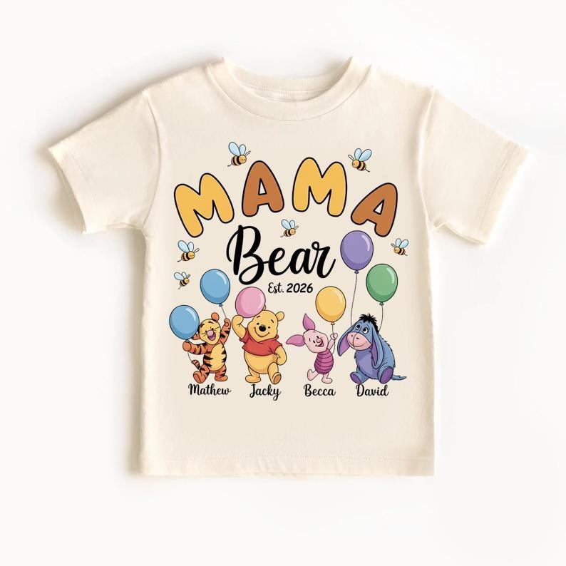 Custom Mama Bear Shirt with Kids Names, Winnie the Pooh Mama Gift, Personalized Mother s Day Tee, Mama Est 2026 Shirt, New Mom Gift 120