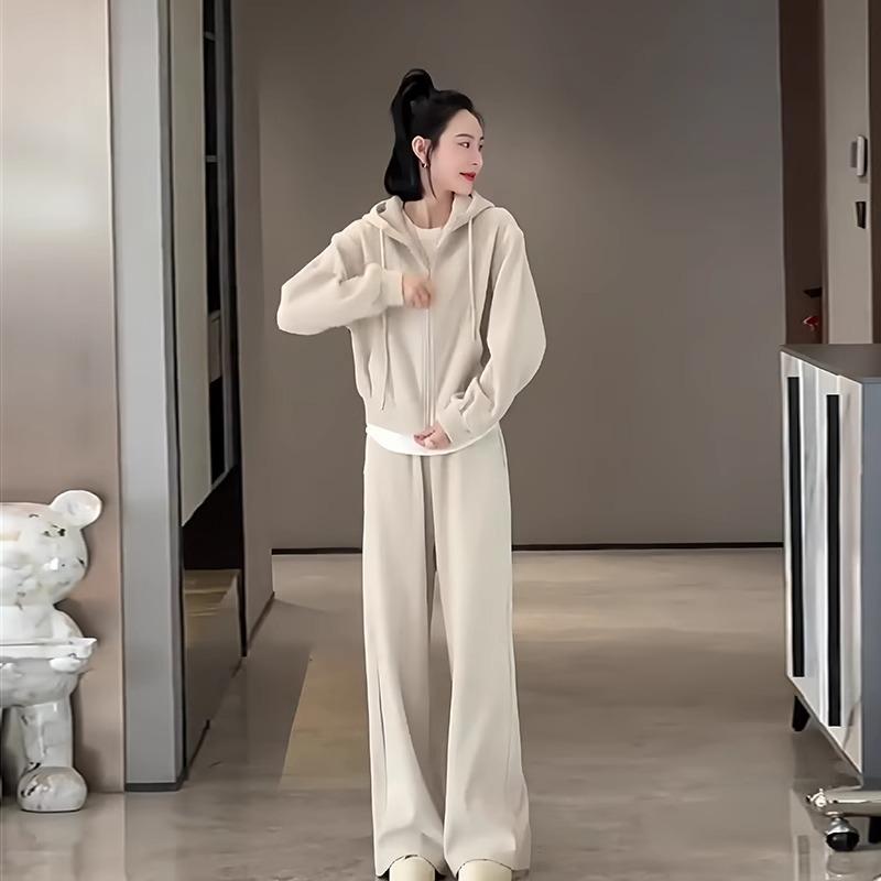 Plus Size Autumn and Winter Chic Casual Sports Suit Ladies's Hooded Sweater Wide-leg Trousers Two-piece Suit