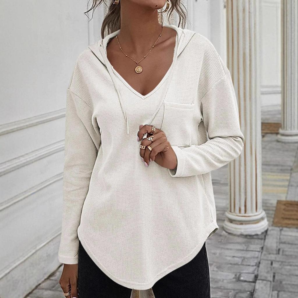 Women's V Neck Long Sleeve Hoodie Oversized Casual Pullover Waffle Knit Tunic Top
