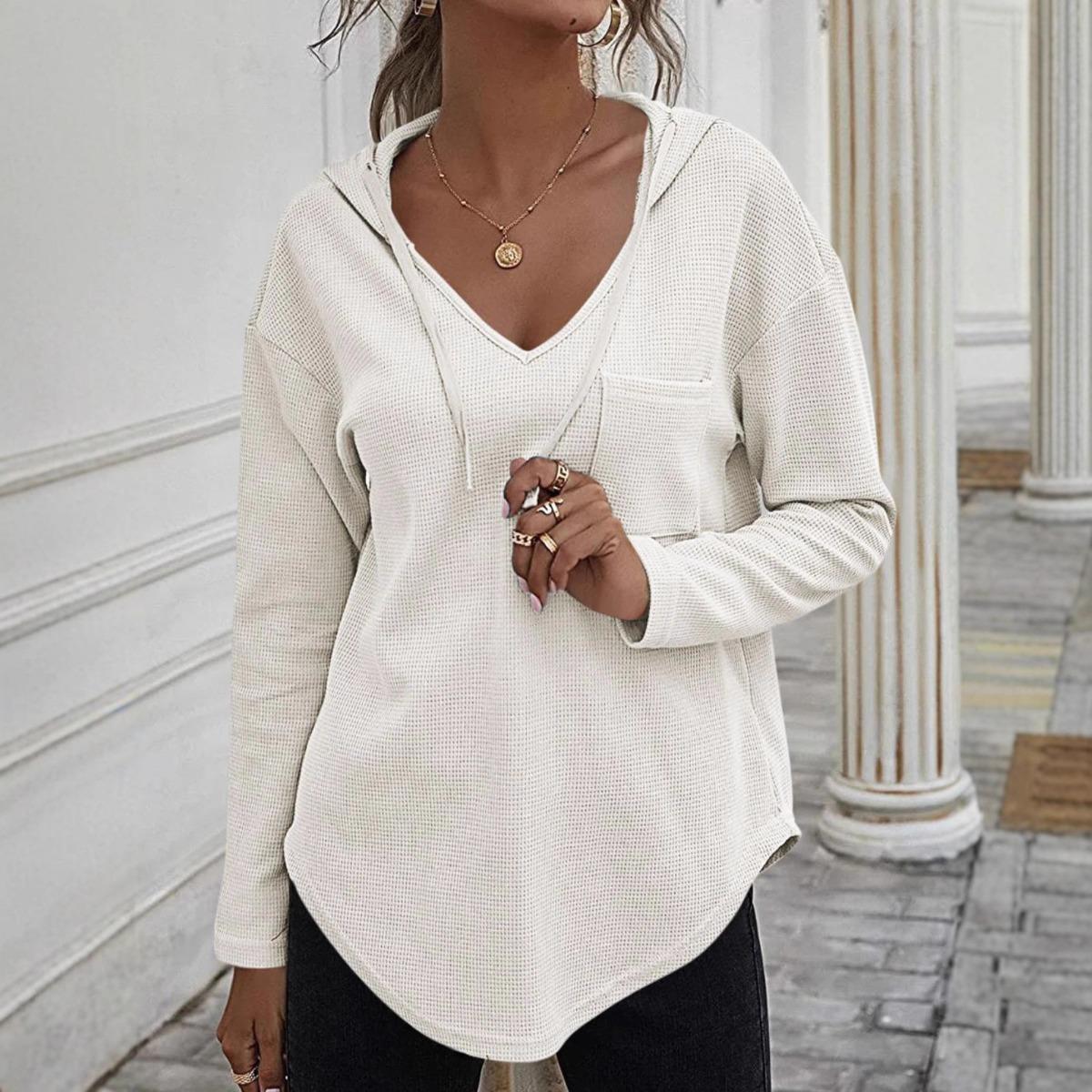 Women s V Neck Long Sleeve Hoodie Oversized Casual Pullover Waffle Knit Tunic Top S