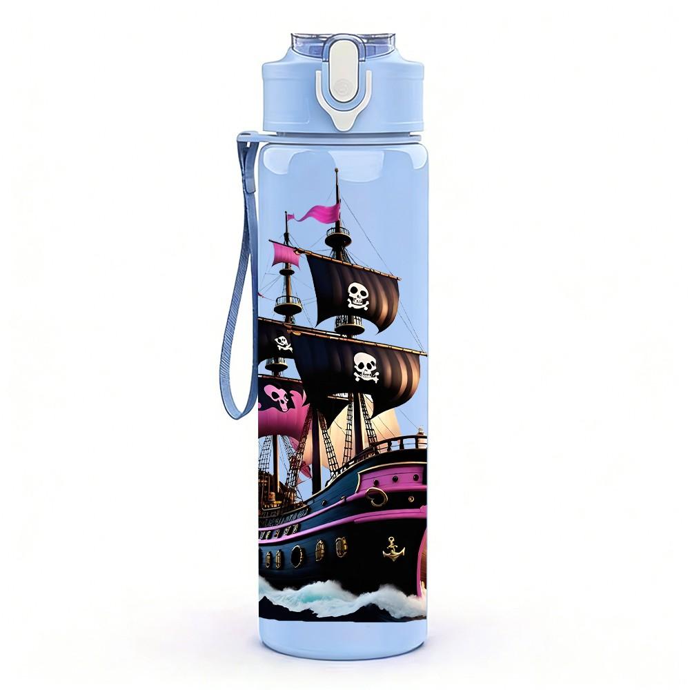 1PC Ancient Sailing Ship Pattern 750ml Color Plastic Sports Water Bottle Leakproof Flip Straw Lid Suitable for Sports Office Home Use