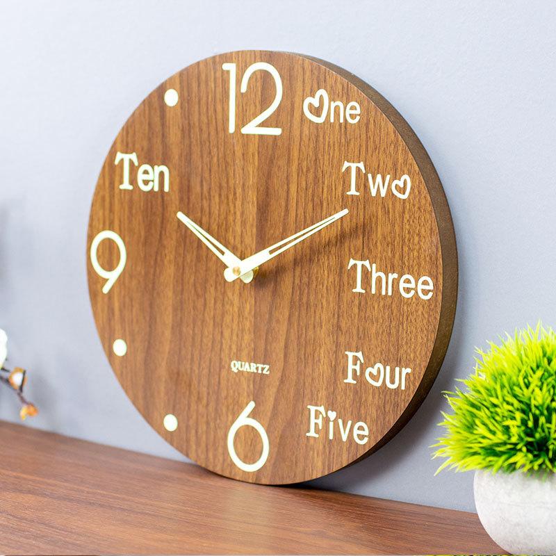Luminous wooden wall clock, silent  wood grain, creative and light luxury style, living room simple quartz clock, 30cm