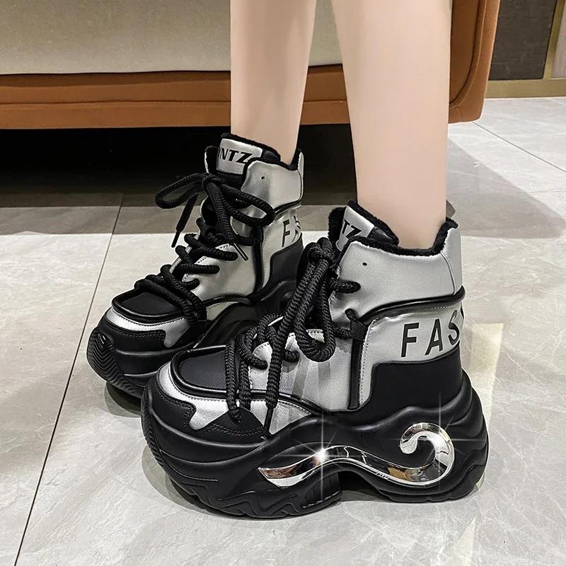Fashion 8CM Winter Chunky Boots For Women Thick Plush Warm Snow Ankle Boots Wedges Leather High Platform Sneakers Woman Motorcycle Shoes