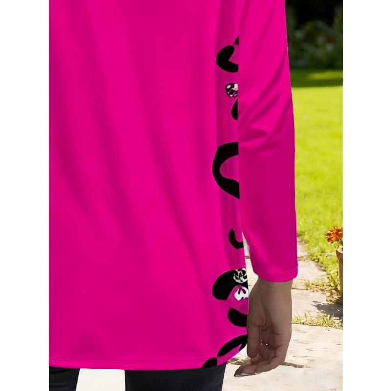 Großformatiges Damen-Oberteil in leuchtendem Pink mit Aufdruck, langärmelig, locker geschnitten, mit Taschen, modisches lässiges T-Shirt für Damen mit eleganter Leopardenmuster-Verzierung