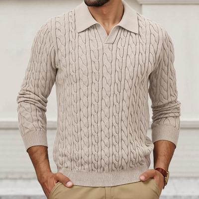 Men Knitted Tops Lapel Long Sleeve Solid Color Sweater Twist Pattern Winter Thick Warm