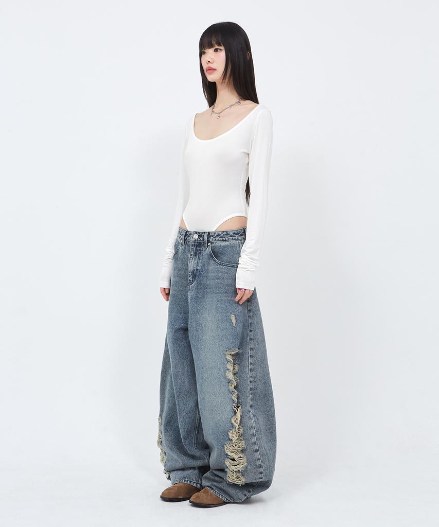 Sekeondeusolteu Balloon Damaged Denim Pants (Vintage Blue)