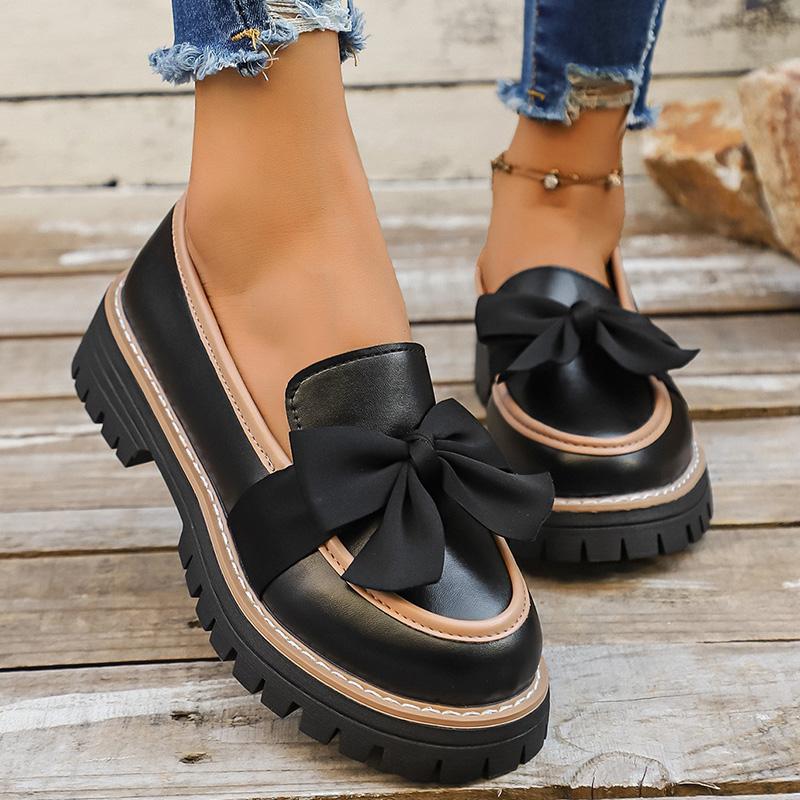 Fashion Women's Retro Bowknot Platform Loafers Comfort PU Leather Slip On Flats Woman Non Slip Preppy Style Dress Shoes for Autumn 2025