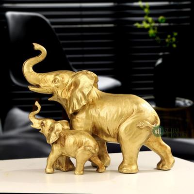 Golden Mother & Baby Elephant Figurines Statue | Resin Decorative Showpiece for Home Dcor (25X11X21 Cm)
