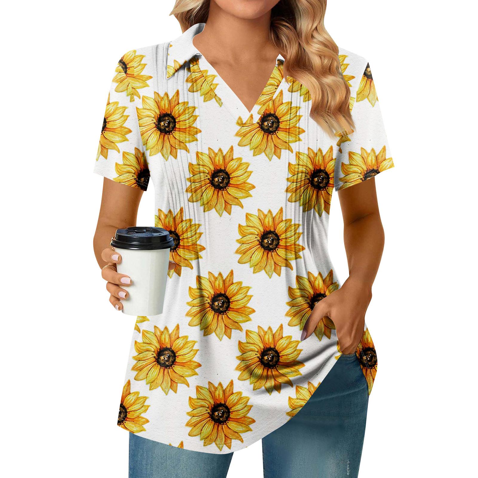 

Женская плиссированная футболка с V-образным вырезом и короткими рукавами с принтом подсолнухов, повседневная деловая рубашка L чёрный