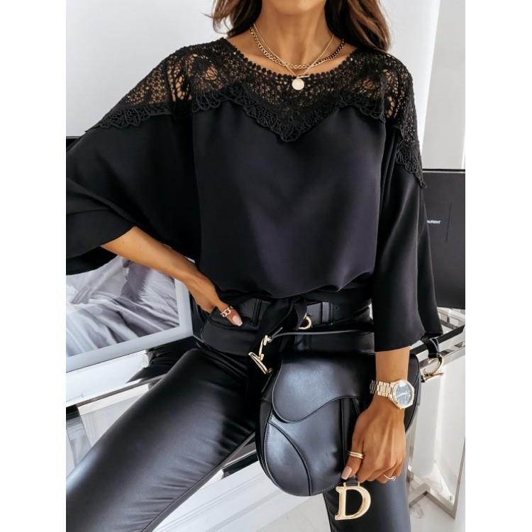 

Весна и осень 2025 г. Кружевная рубашка с длинным рукавом - однотонный топ с круглым вырезом XL чёрный