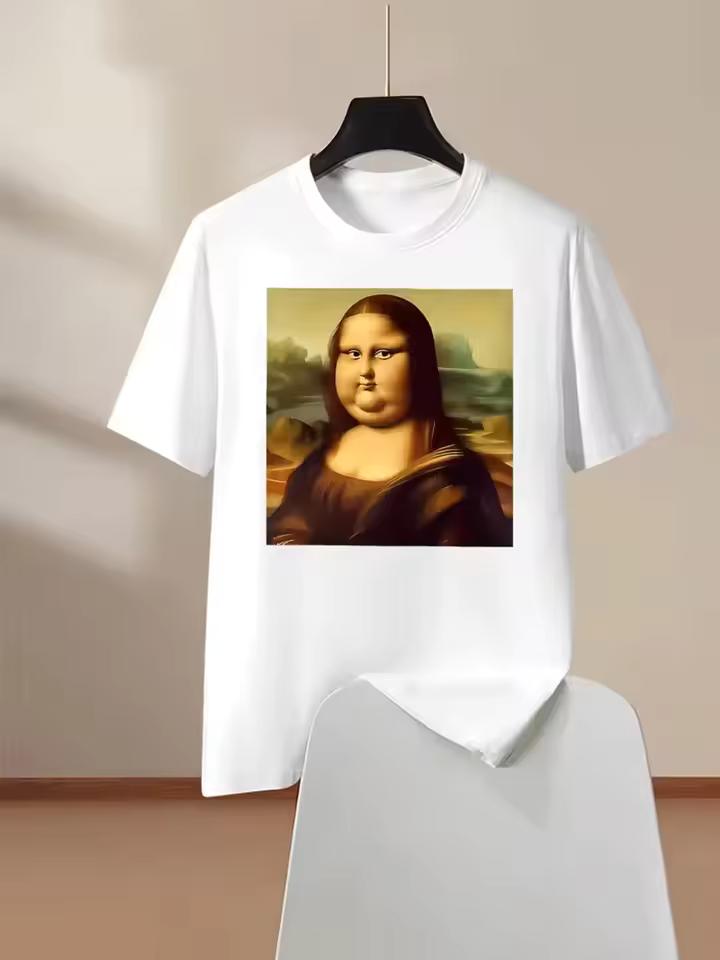 Funny Chubby Mona Lisa Print Women's T-shirt Retro Art Parody Graphic Short Sleeve Men Tee Tops Streetwear Women's Clothing