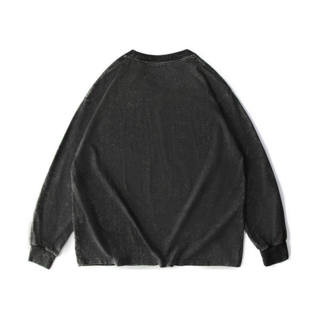 Men's And Women's Casual High-weight Washed Distressed Long-sleeved Men's Off-the-shoulder Retro Loose Round-neck All-cotton Top