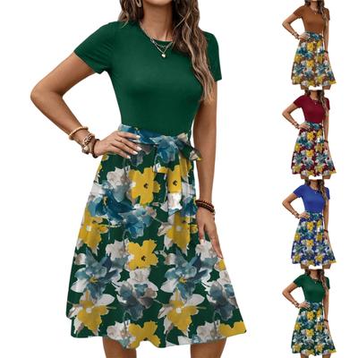 Women's Fashionable Retro Patterned Printing Color Blocked Belt Casual Dress
