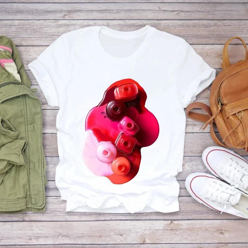 Fashion Short Sleeve White T-Shirt for Women Nail Art Makeup Beauty Style Inspired by Europe And America Summer Polyester Fabric