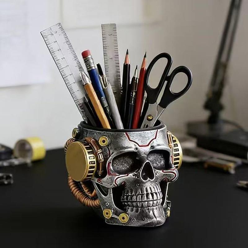 Mechanický Styl Lebka Držák na Tužky Pro Domov, Ložnici, Pracovnu, Pracovní Stůl, Jedinečný Multifunkční Úložný Kbelík