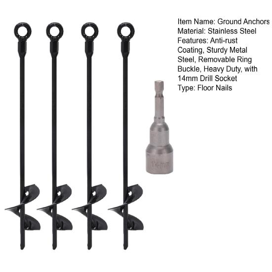 4Pcs Spiral Ground Anchors Heavy Duty Trampoline Anchors Anti-rust Stable Fixation Tent Stakes with 14mm Drill Socket for Swings Sheds