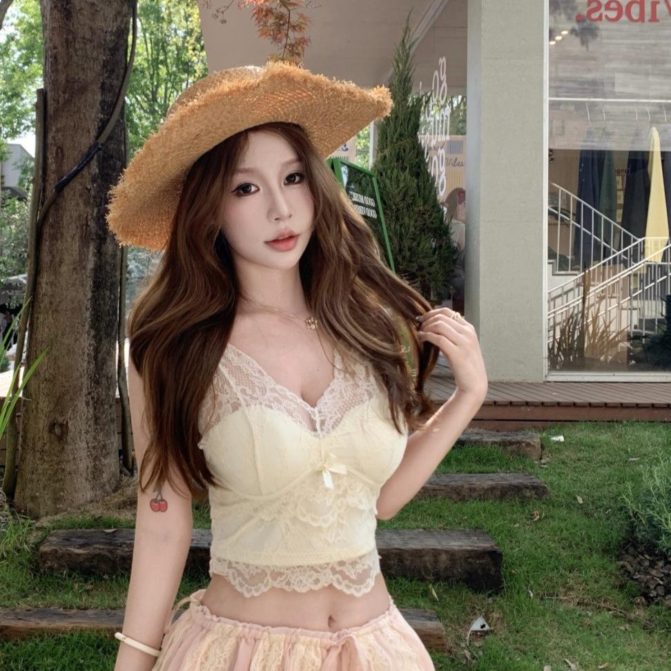 #Summer New Pure Desire Wind Lace Splicing Bow Sling Vest Slim One-piece with Chest Pad