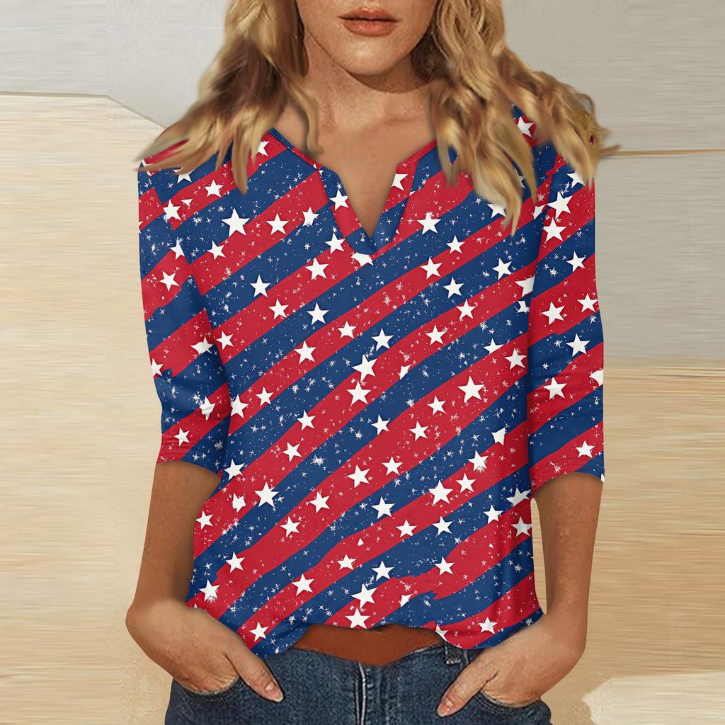 Womens V Neck 3 Quarter Sleeve Independence Day Print Shirt Casual Loose Fit Patriotic Top for Summer and Fall