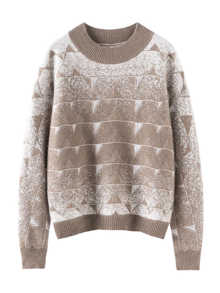 2025 Autumn/Winter Women's Pure Australian Wool Jacquard Sweater - Thick, Cashmere-Feel, Half-High Neck, Loose Fit.