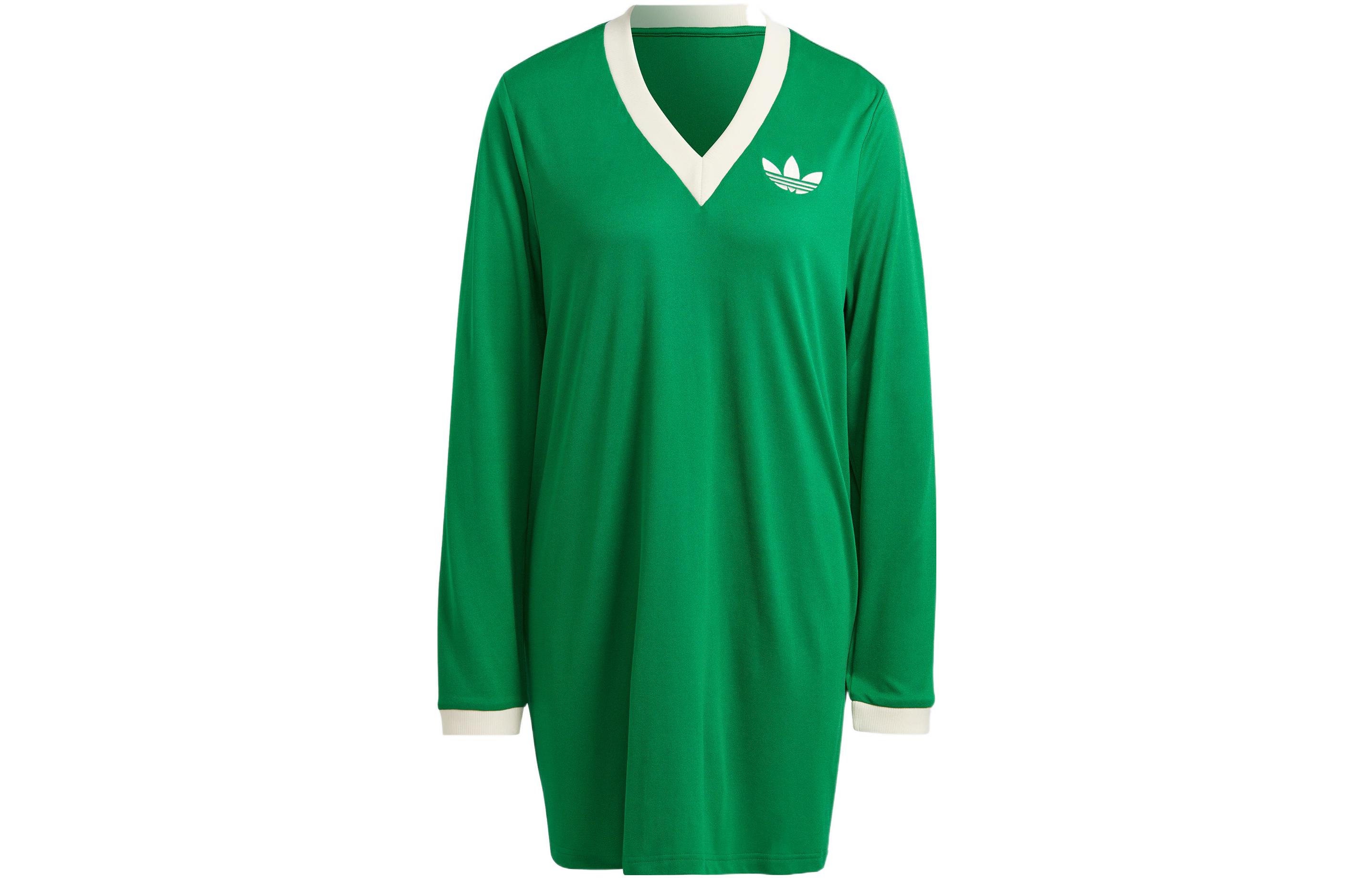 Adidas Originals Long Sleeved Dresses Women s Green V Neck Moderate Mid Length IB2051 M