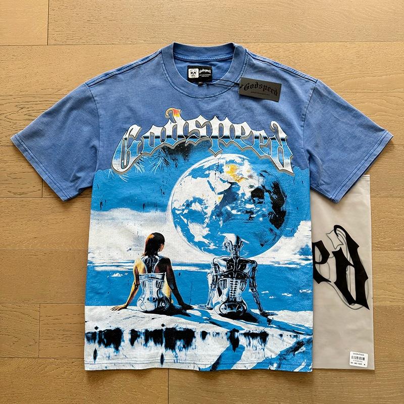 Godspeed retro printing foreign trade beauty tide high street men and women casual trend hip hop apricot old short sleeve T-shirt