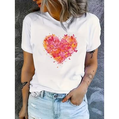 European Size Women's White Short-Sleeve Round Neck T-Shirt with Heart Print -Casual Loose Fit Blouse,for Spring Summer Fall Layering or Casual Attire
