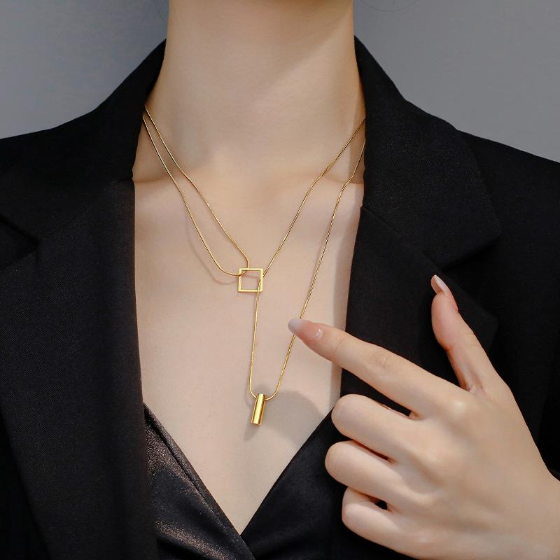 Stainless Steel Gold Color Overlay Double-Layer Necklace Women's Fashion  Party Girls' Fadeless Accessories Gift