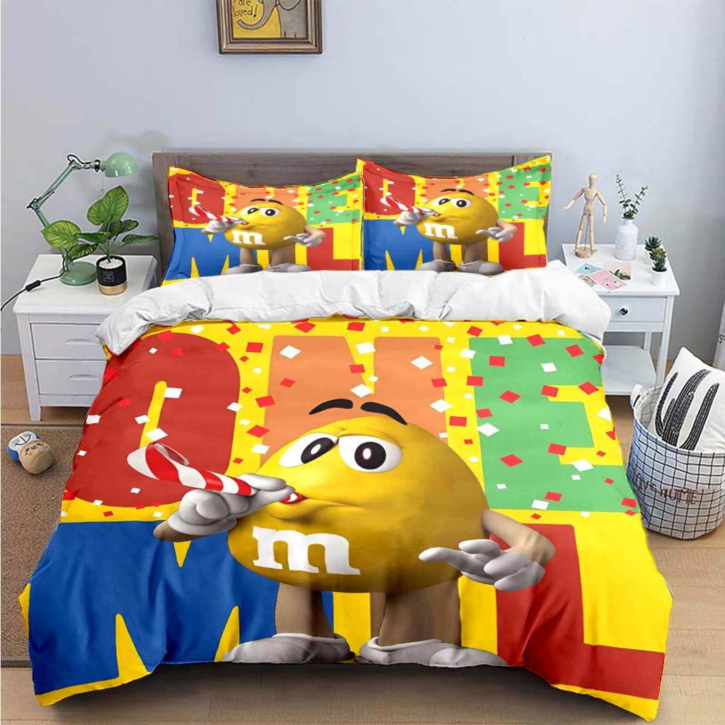 Hot Fashion M&M Chocolate Logo Print Bedding Sets Exquisite Bed Supplies Set Duvet Cover Bed Comforter Set Bedding Set Kids Gift