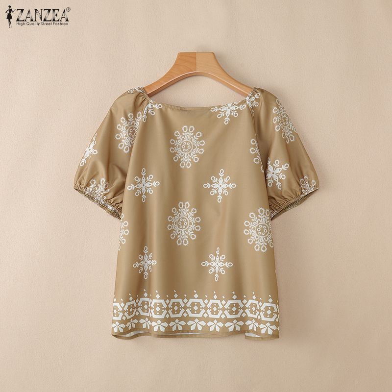 ZANZEA Women Casual Round Neck Loose Short Sleeve Summer Print Blouse