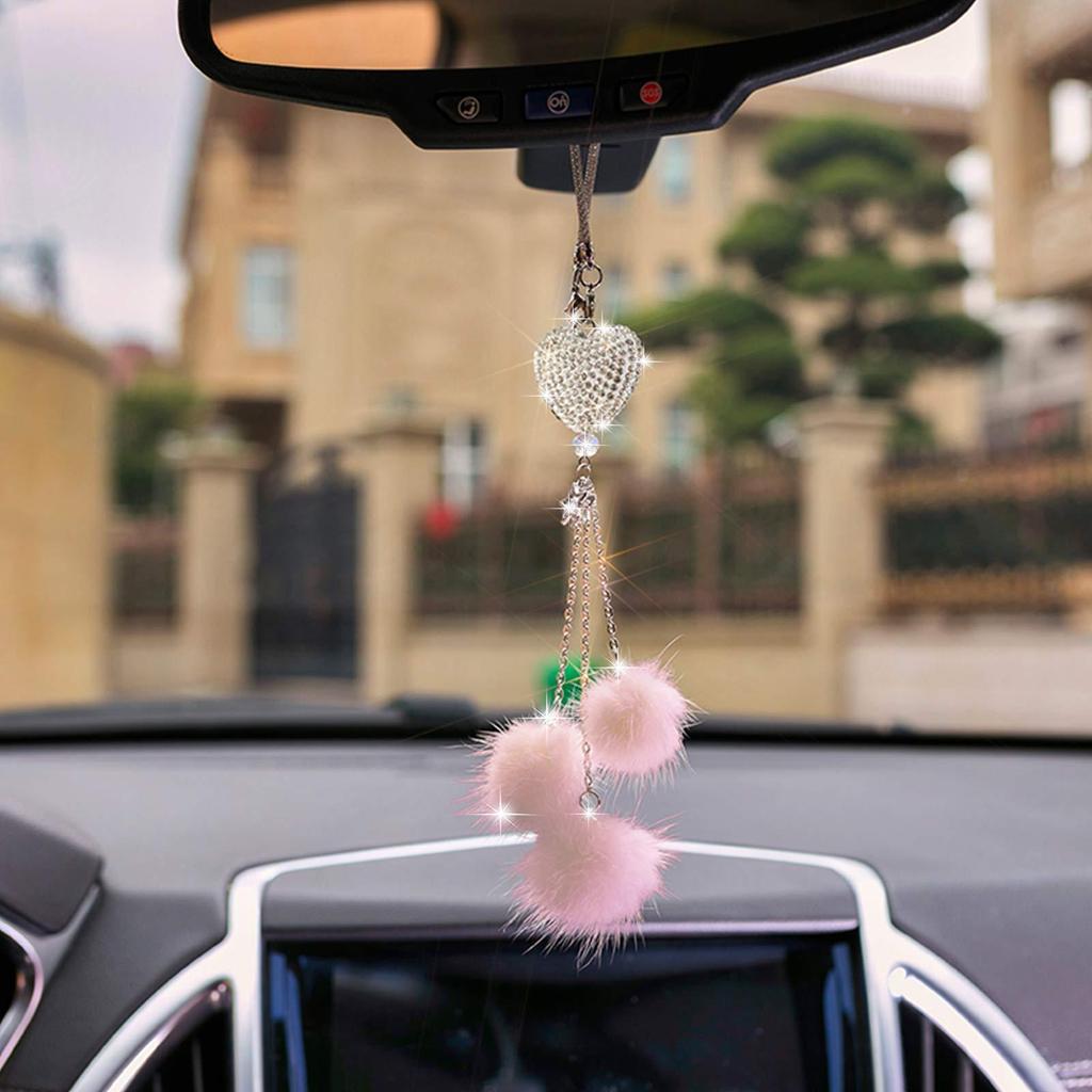 Bling Car Mirror Accessories for Women Men Love Heart and Pink Plush Ball Rinestones Car Accessories Car Rear View Mirror Charms