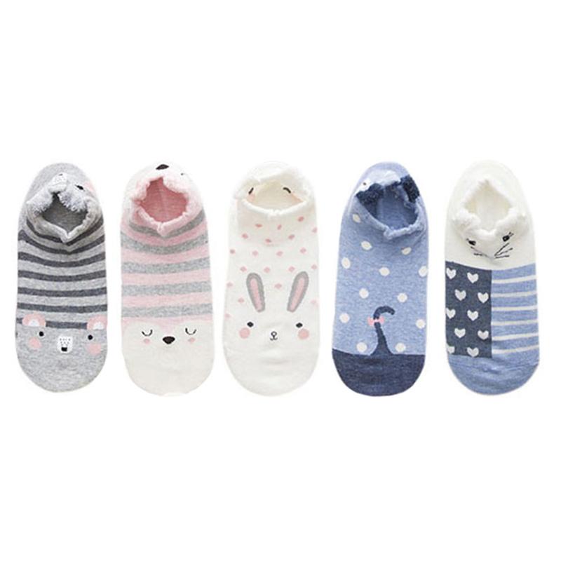5 Pairs Women's Socks Spring Summer Three-Dimensional Shallow Mouth Cartoon Female Cotton Invisible Japanese Cute Animals Socks