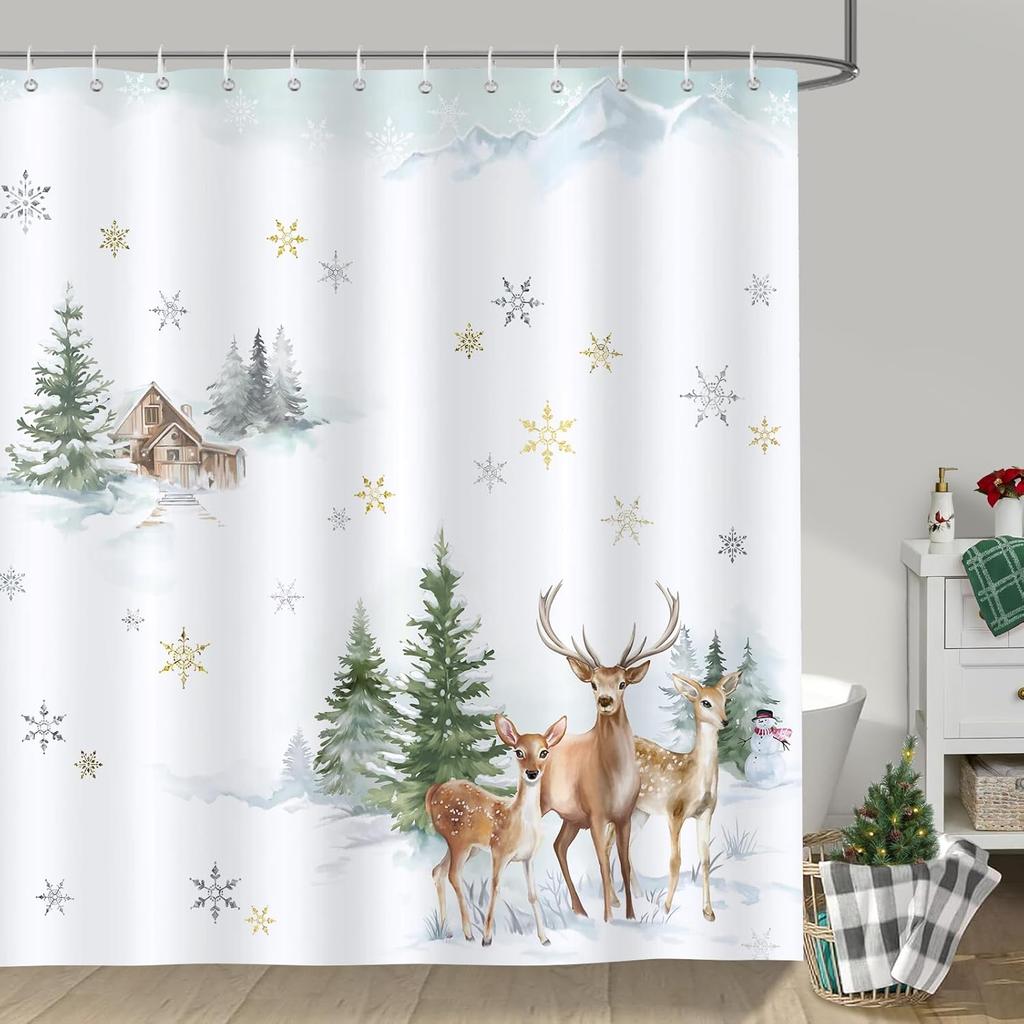 Winter Hirsch Duschvorhang, Verschneite Kiefernhütte Schneeflocke Weihnachten Badezimmer Vorhang Polyestergewebe Wasserdichter Badvorhang