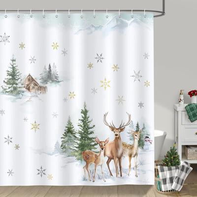 Winter Hirsch Duschvorhang, Verschneite Kiefernhütte Schneeflocke Weihnachten Badezimmer Vorhang Polyestergewebe Wasserdichter Badvorhang