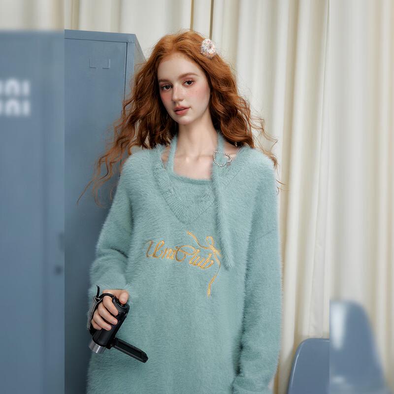 UNIFREE Faux Mink Halter Neck Layered Ripped Sweater