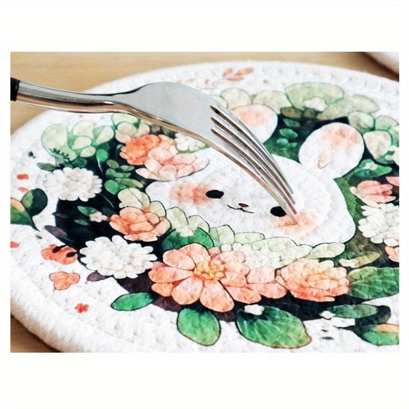 3pcs Green Rabbit Round Thermal Insulation, Kitchen Accessories,Pad Retro Home Dining Pad Thermal Insulation Pot Pad Cute Cotton Tray Pad