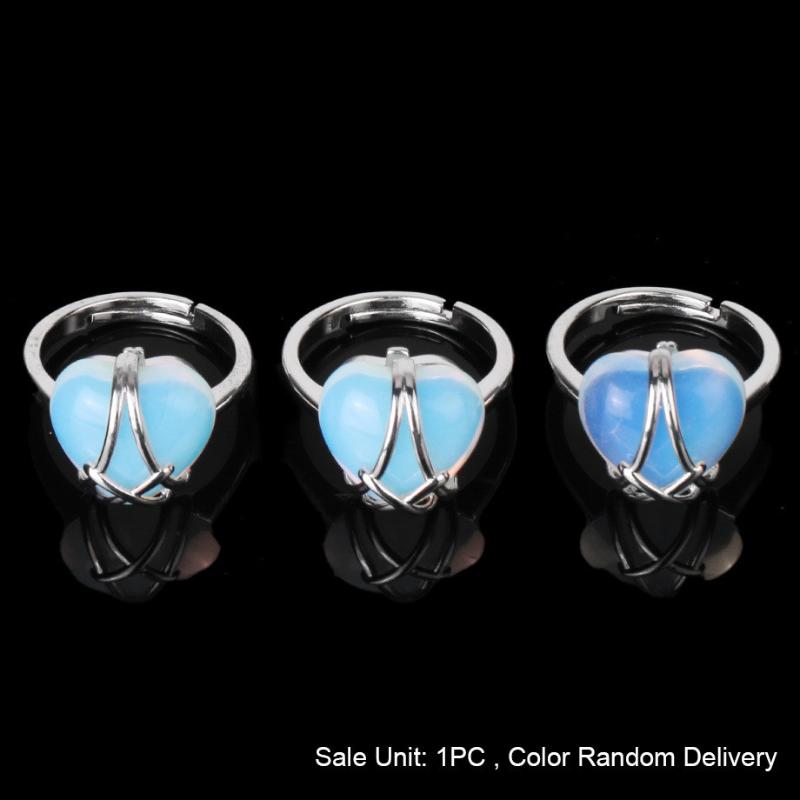 Women Adjustable Wire Wrapped Crystal Open Ring Heart Shaped Natural Stone Jewelry For Anniversary