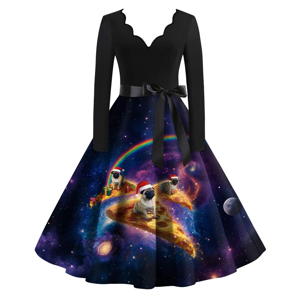 Damen Lässig Und Modisch V-Ausschnitt Langärmlig Weihnachten Bedrucktes Kleid