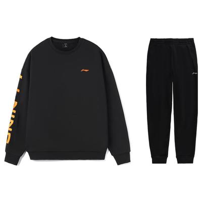 Li Ning Logo Print Loose Round Neck Pullover Warm Fleece Long Sleeve Cuffed Sports Pants Hoodie Set Men Hoodie Set Black AWDSD23-3+AKLSC99-1