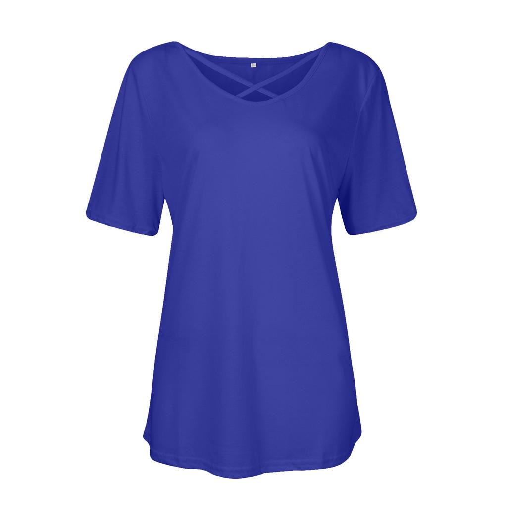 Women's Fashion Summer Solid Color T-shirt Crossed V-neck Short Sleeved Loose Top