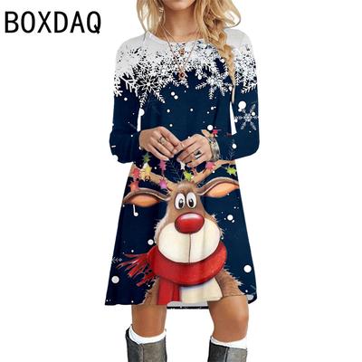 Ladies' Christmas Dress Long Sleeve O-Neck Big Size Casual Dress 3D Fun Cartoon Christmas Deer Pattern Gradient Print Dresses