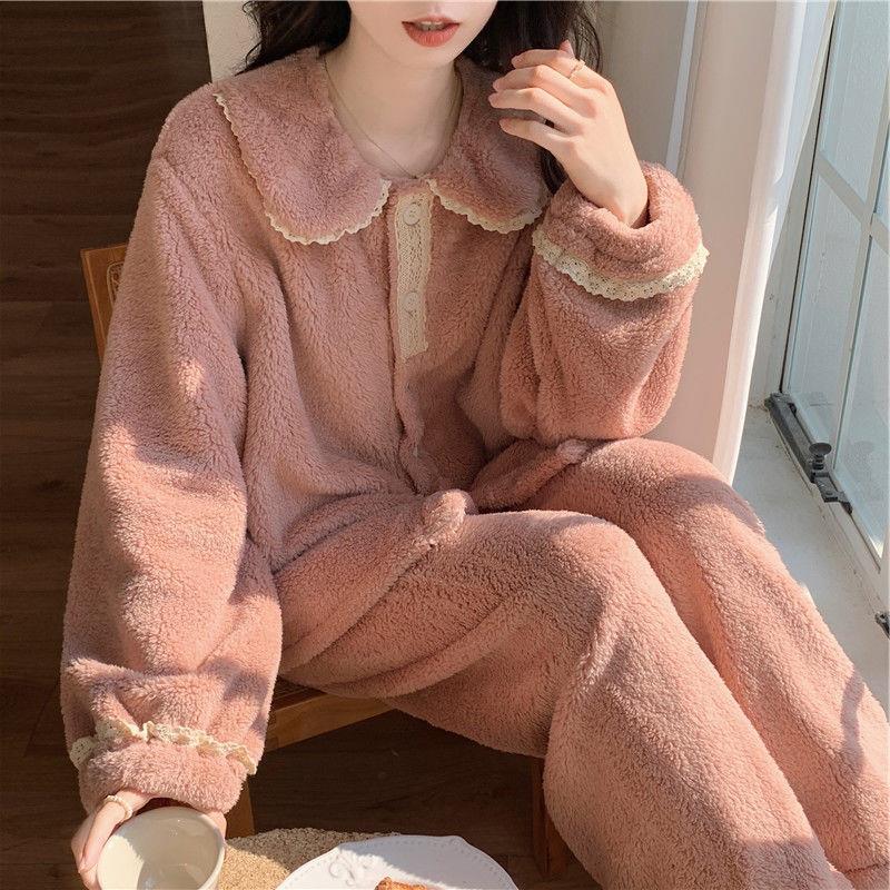Korean Style Women's Coral Fleece Pajamas - Thick Velvet Flannel Home Suit