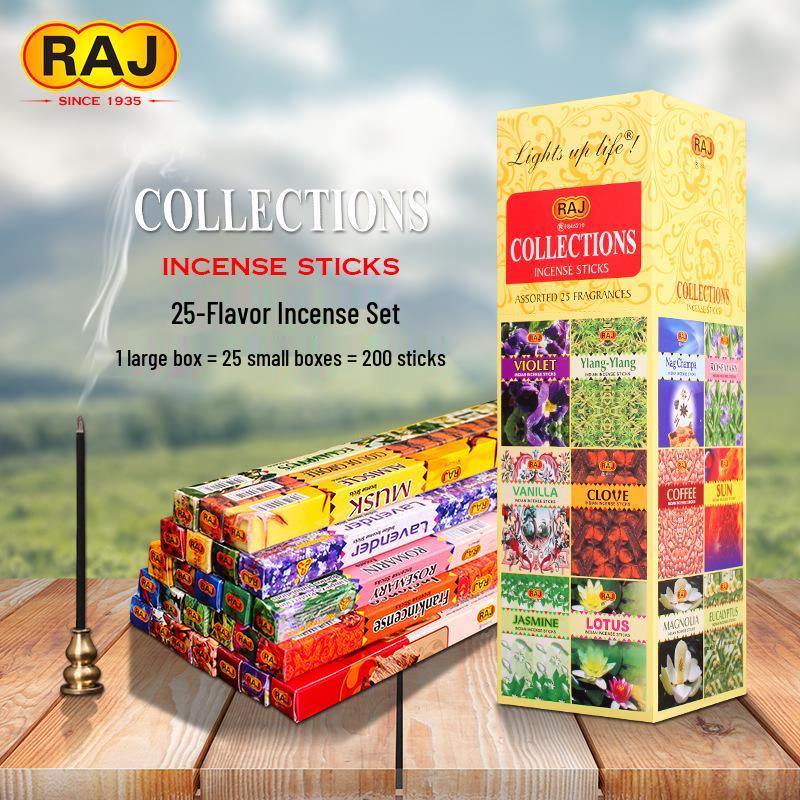 RAJ Indian Incense 25-Flavor Assortment - Genuine Handcrafted Aromatherapy Sticks featuring Sandalwood and Agarwood