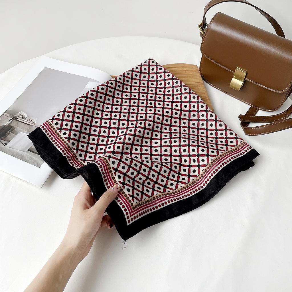 Old money style printed silk scarf retro brown scarf neck square scarf fashionable versatile herringbone pattern cotton and linen silk scarf