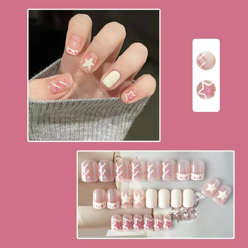 2025 Neueste 24 Stück/Set Nail Art Französisch Falsche Nägel Set mit Kleber ABS-Kunststoff - Einfache Kurze Nagelaufkleber