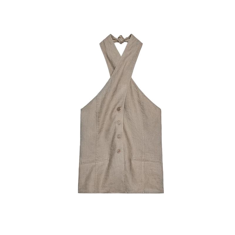 Linen Blended Hanging Collar Vest-Style Tops 2731097 Plaid A- Line Midi Skirt Long Skirt 2731076