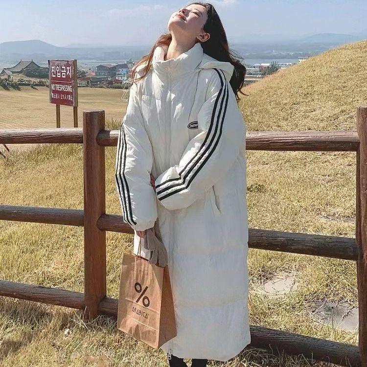 

Three Stripes Long Down Jacket Women s Winter New Wide Korean Style Pine Jacket Over-the-Knee Padded Jacket Thickened Jacket XL