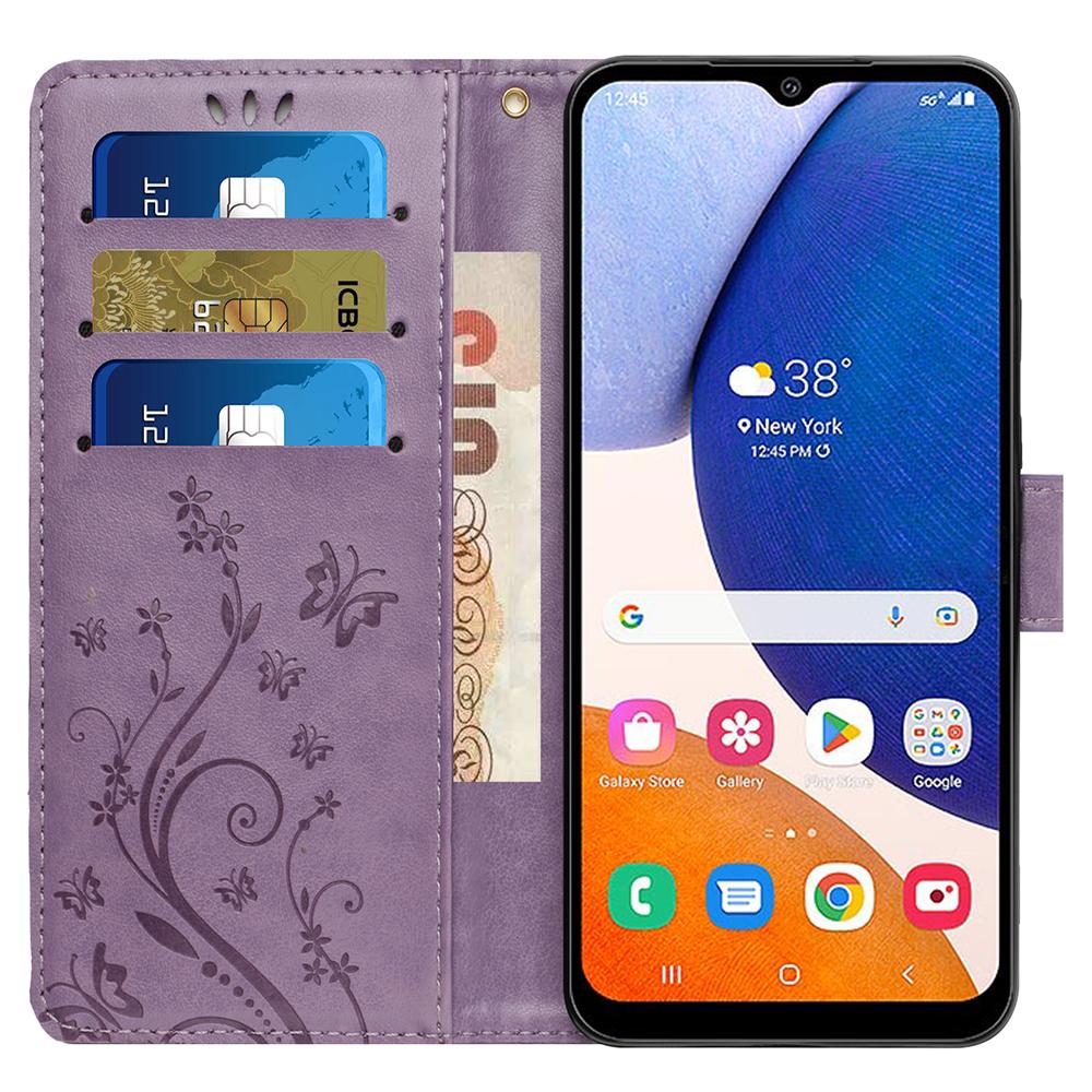 

For Samsung Galaxy S23 FE Imprinted Butterflies Mobile Phone Case PU Leather Wallet Cover Stand with Strap Light Purple