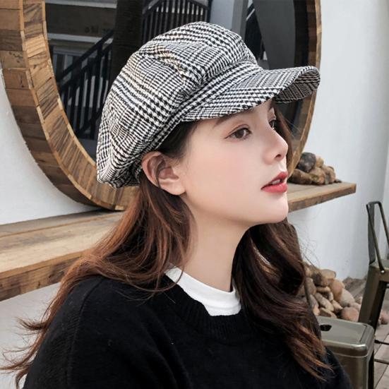 Vintage Men Women Autumn Winter Plaid Warm Beret Hat Wide Brim Octagonal Cap