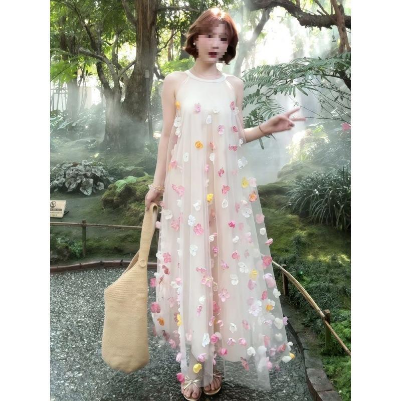 French gentle wind sweet long dress women's summer new temperament super fairy three-dimensional flower neck vest neck dress